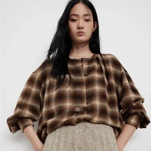 ZARA WOOL BROWN PLAID LONG SLEEVE 1/2 BUTTON UP TOP - Picture 1 of 8